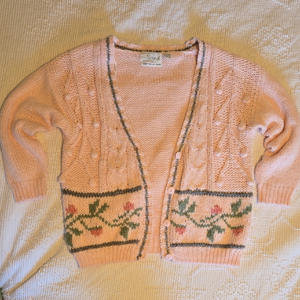 Vintage Sarit Hand Knitted Pink Cardigan Womens L